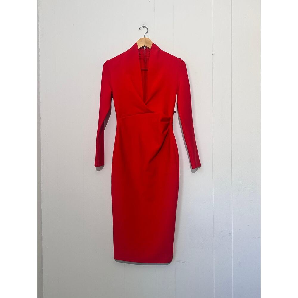 Dress Womens‎ Medium Red V Neck Long Sleeve Ruched Sheath Midi Cocktail Party